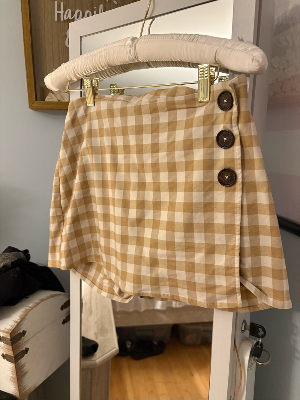 Neutral Beige Gingham Mini Skirt with Side Button Detail